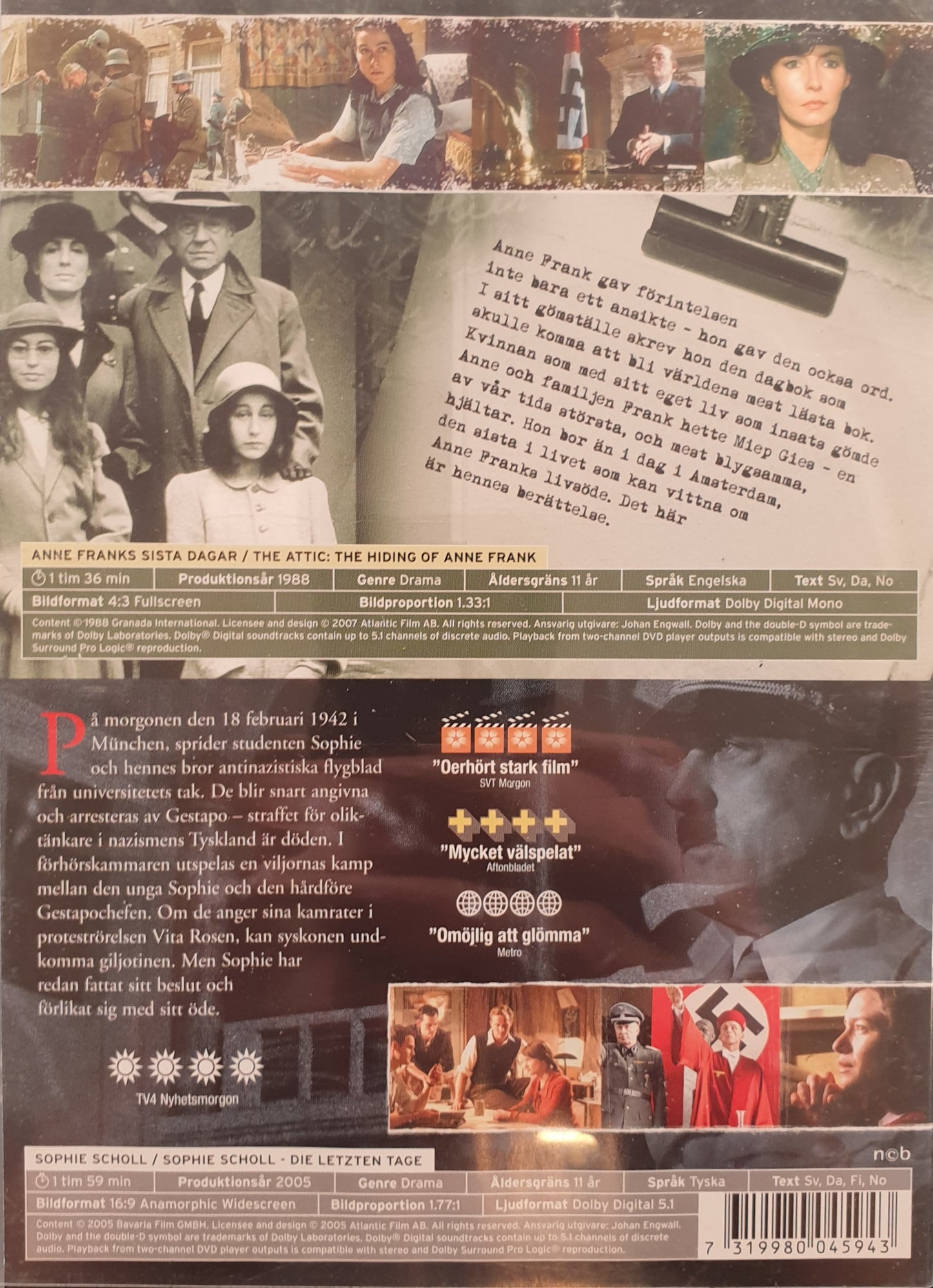 ANNE FRANKS SISTA DAGAR / SOPHIE SCHOLL - 2 FILMER